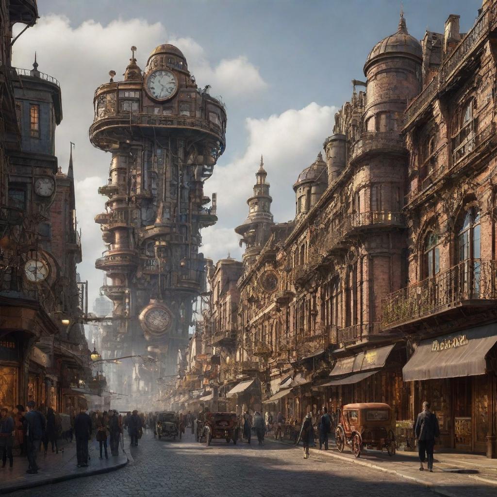 A majestic city merging futuristic technology with steampunk aesthetics