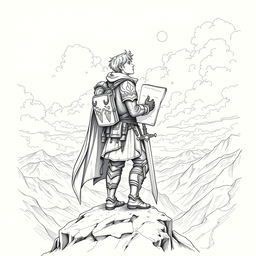 A detailed drawing of a fictional adventurer standing atop a rocky outcrop, gazing into the distance with an expression of determination