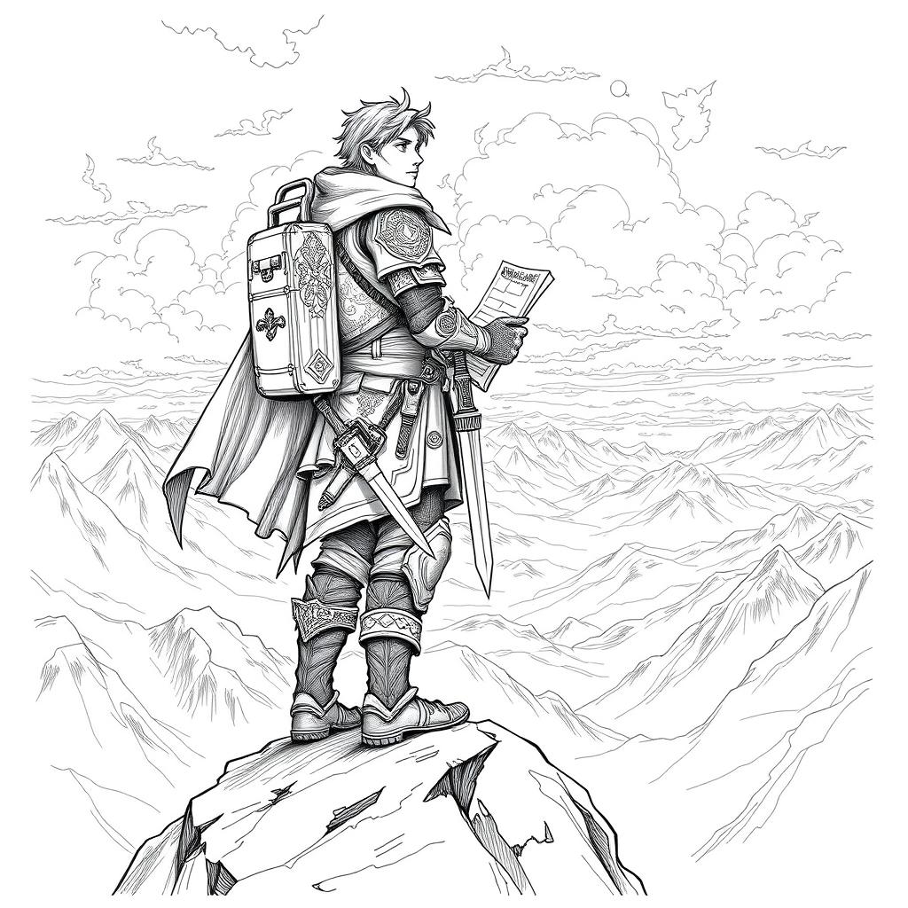 A detailed drawing of a fictional adventurer standing atop a rocky outcrop, gazing into the distance with an expression of determination