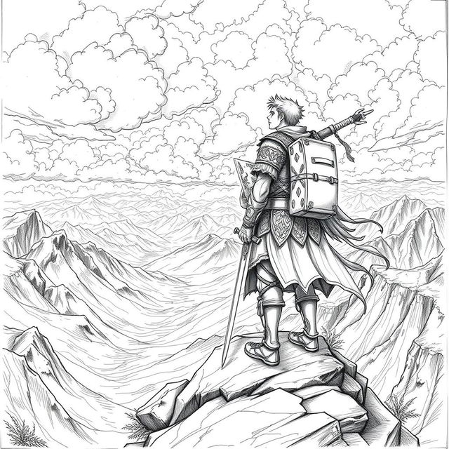 A detailed drawing of a fictional adventurer standing atop a rocky outcrop, gazing into the distance with an expression of determination