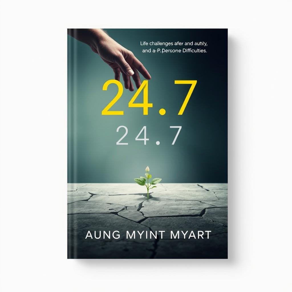 A poignant book cover design for '24/7' that encapsulates the author's life challenges, growth, and persistent drive to overcome difficulties