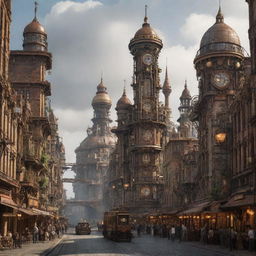 A majestic city merging futuristic technology with steampunk aesthetics