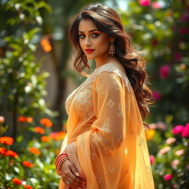 A stunning Indian woman gracefully wearing a transparent saree that elegantly drapes around her figure, showcasing intricate embroidery and shimmering details