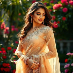 A stunning Indian woman gracefully wearing a transparent saree that elegantly drapes around her figure, showcasing intricate embroidery and shimmering details