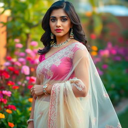 A stunning Indian woman gracefully wearing a transparent saree that elegantly drapes around her figure, showcasing intricate embroidery and shimmering details