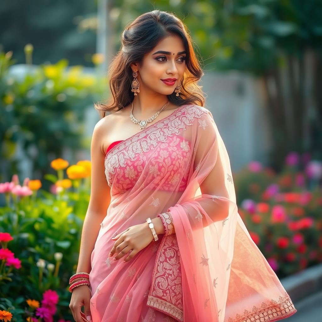 A stunning Indian woman gracefully wearing a transparent saree that elegantly drapes around her figure, showcasing intricate embroidery and shimmering details