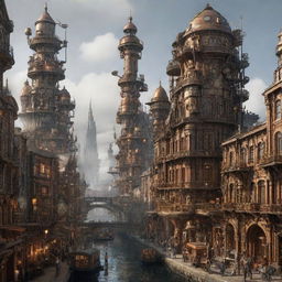 A majestic city merging futuristic technology with steampunk aesthetics