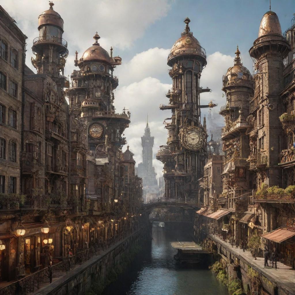 A majestic city merging futuristic technology with steampunk aesthetics