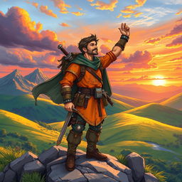 A vibrant colored drawing of a fictional adventurer standing triumphantly on a rocky hillside, gazing into the distance with a look of hope and determination