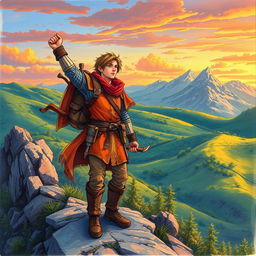 A vibrant colored drawing of a fictional adventurer standing triumphantly on a rocky hillside, gazing into the distance with a look of hope and determination