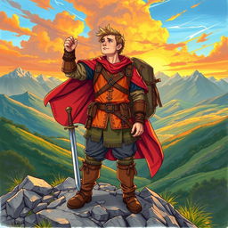 A vibrant colored drawing of a fictional adventurer standing triumphantly on a rocky hillside, gazing into the distance with a look of hope and determination