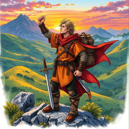 A vibrant colored drawing of a fictional adventurer standing triumphantly on a rocky hillside, gazing into the distance with a look of hope and determination