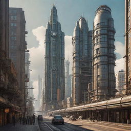 A majestic city blending futuristic elements with dieselpunk style