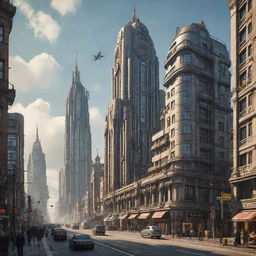 A majestic city blending futuristic elements with dieselpunk style