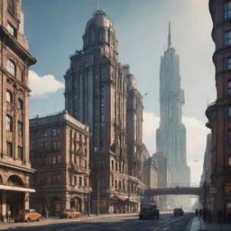 A majestic city blending futuristic elements with dieselpunk style