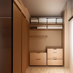 A his and her closet with the woman's side measuring 8ft in length, the man's side 4ft in width, and an 8ft ceiling. Opposite the woman's side is a chest of drawers about 4ft high.