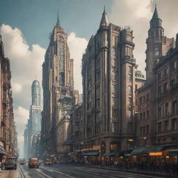 A majestic city blending futuristic elements with dieselpunk style