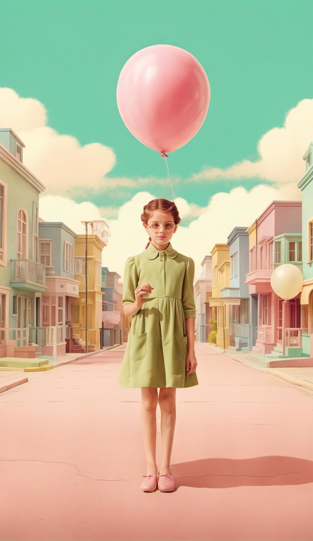 A Wes Anderson-inspired book cover featuring a girl with a pink balloon.