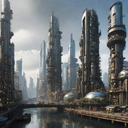 A majestic city combining the futuristic aspects with oilpunk design