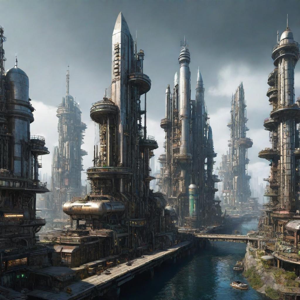 A majestic city combining the futuristic aspects with oilpunk design