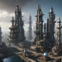 A majestic city combining the futuristic aspects with oilpunk design