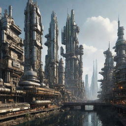 A majestic city combining the futuristic aspects with oilpunk design