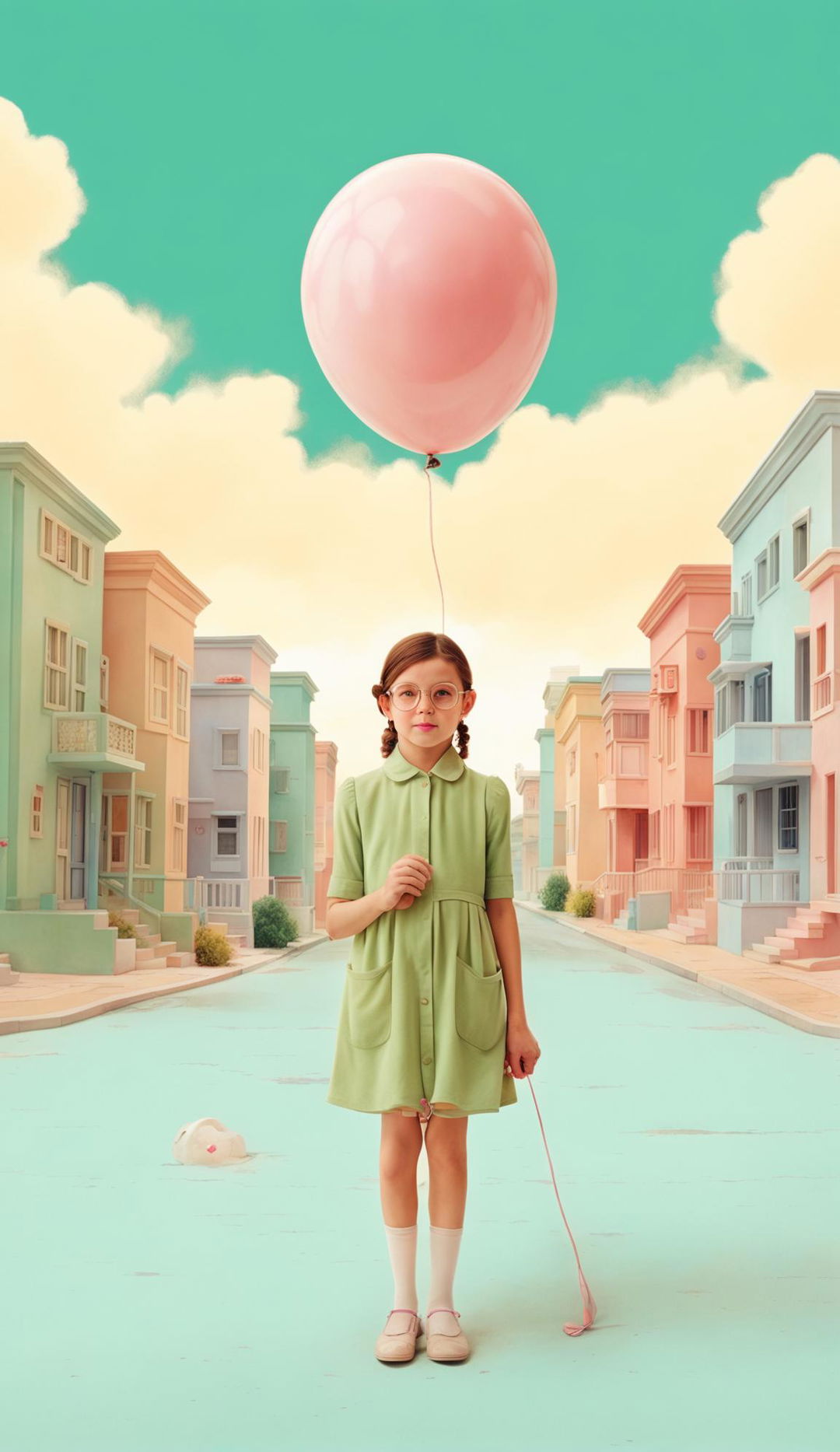 A Wes Anderson-inspired book cover featuring a girl with a pink balloon.