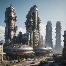 A majestic city fusing futuristic elements with factorypunk-style architecture and technology