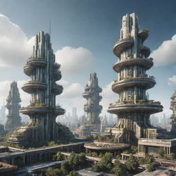 A majestic city fusing futuristic elements with factorypunk-style architecture and technology