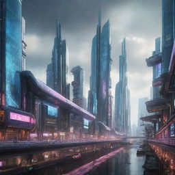 A majestic city integrating futuristic elements with electropunk aesthetics