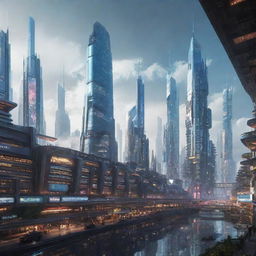 A majestic city integrating futuristic elements with electropunk aesthetics