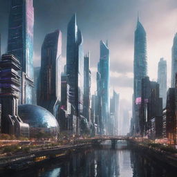 A majestic city integrating futuristic elements with electropunk aesthetics