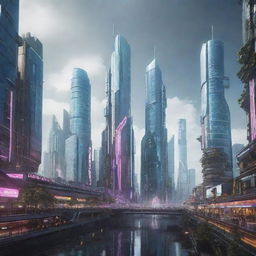 A majestic city integrating futuristic elements with electropunk aesthetics