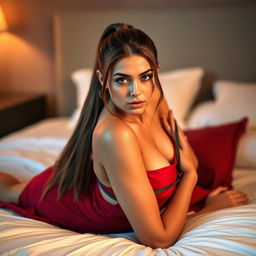 A young, attractive woman in a provocative pose tied to a bed