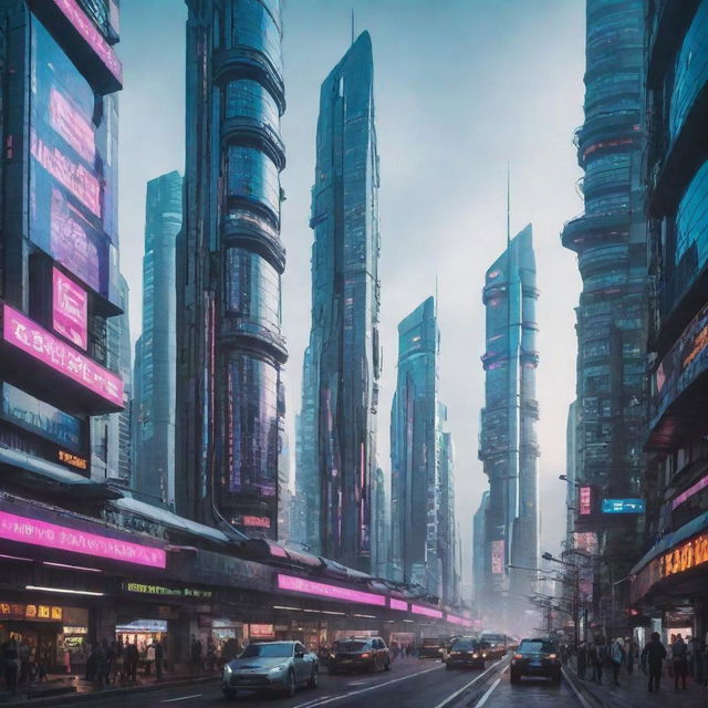 A majestic city that perfectly combines futuristic architecture and technology with cyberpunk elements