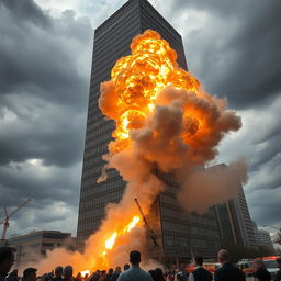 A dramatic explosion occurring at a large building, showcasing a massive cloud of smoke and debris bursting into the sky