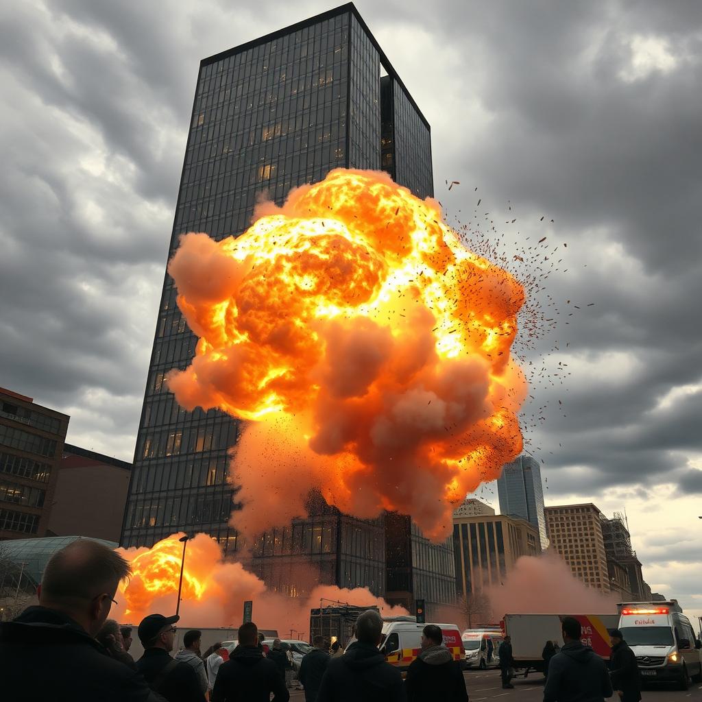 A dramatic explosion occurring at a large building, showcasing a massive cloud of smoke and debris bursting into the sky