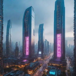 A majestic city that perfectly combines futuristic architecture and technology with cyberpunk elements