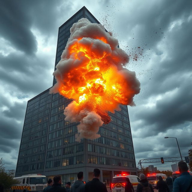 A dramatic explosion occurring at a large building, showcasing a massive cloud of smoke and debris bursting into the sky