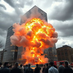 A dramatic explosion occurring at a large building, showcasing a massive cloud of smoke and debris bursting into the sky