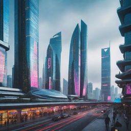 A majestic city that perfectly combines futuristic architecture and technology with cyberpunk elements