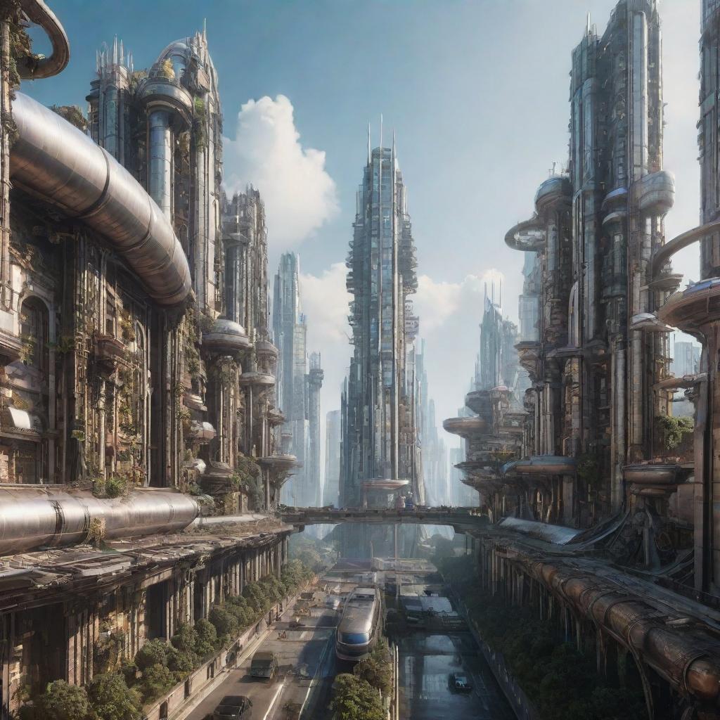 A majestic city weaving together futuristic design with Teslapunk aesthetic elements