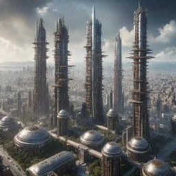 A majestic city weaving together futuristic design with Teslapunk aesthetic elements