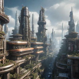 A majestic city weaving together futuristic design with Teslapunk aesthetic elements