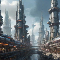 A majestic, futuristic city imbued with atompunk style and technology