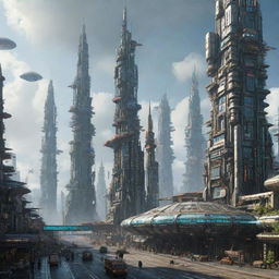 A majestic, futuristic city imbued with atompunk style and technology