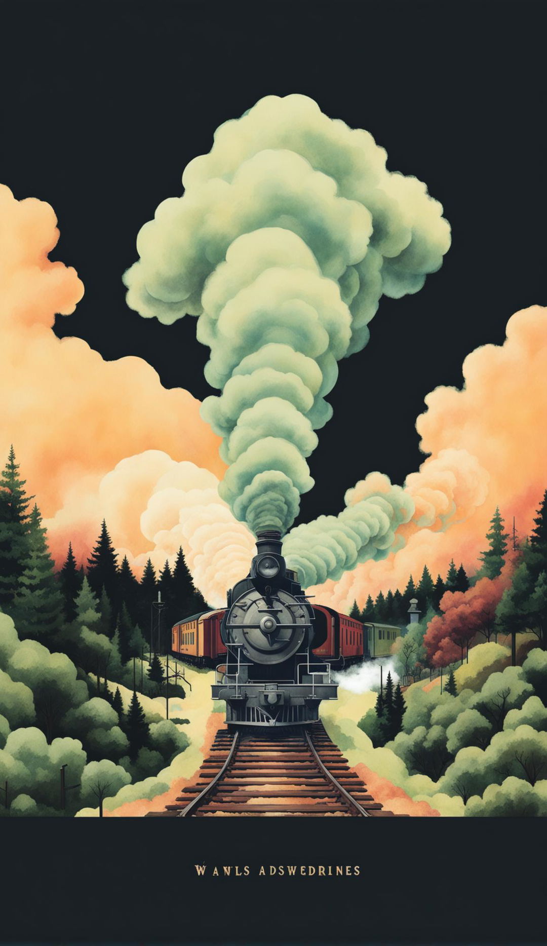 A wordless Wes Anderson-inspired book cover featuring a dark train.