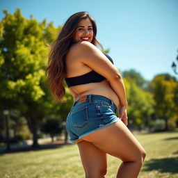 A curvaceous woman bending over, showcasing her ample figure while wearing stylish denim mini shorts