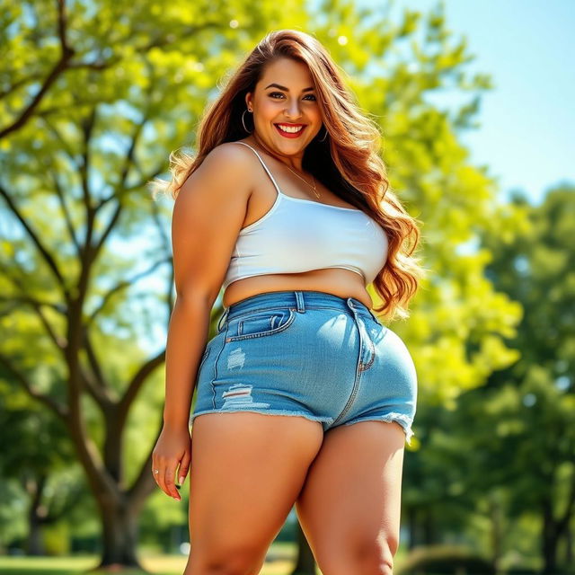 A curvaceous woman bending over, showcasing her ample figure while wearing stylish denim mini shorts