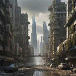 A majestic, futuristic city thriving amidst post-apocalyptic elements